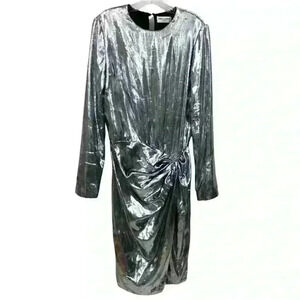 Saint Laurent Womens Silver Draped Waist Faux Wrap Metallic Silk Dress FR 40